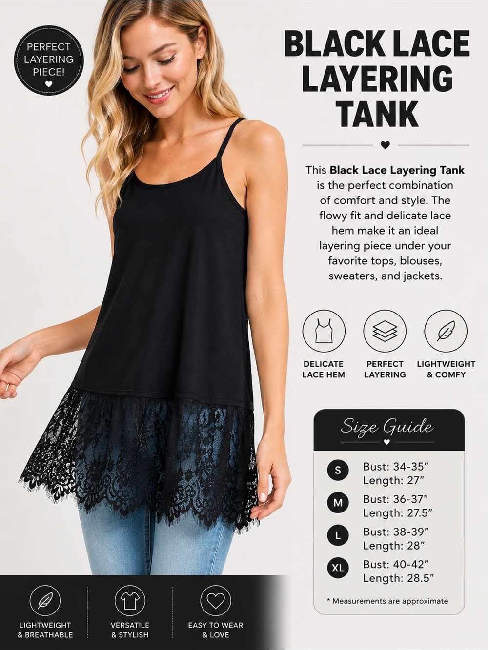 Black Lace hem Top Extender Cami Tank